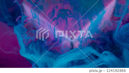 Ink mix. Art smoke. Blue color dye flow spill down pink purple fluorescent glass cube surface. Oil water pigment blur abstract background. 124192868
