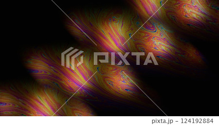 Art flow. Multicolor paint. Spectrum petrol droplet stream clone spill abstract pattern on black liquid background. Defocused duplicated gradient mix. Art flow. Multicolor paint. Spectrum petrol droplet stream clone spill abstract pattern on black liquid background. Defocused duplicated gradient mix. 124192884