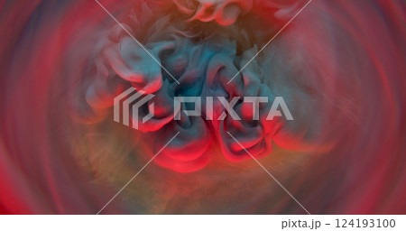 Ink fume. Vapor flow. Defocused red gray color wave spill on water background. Bright neon pigment stream art round edge lens effect. 124193100