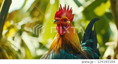 Rooster with vibrant feathers on farm 124193104