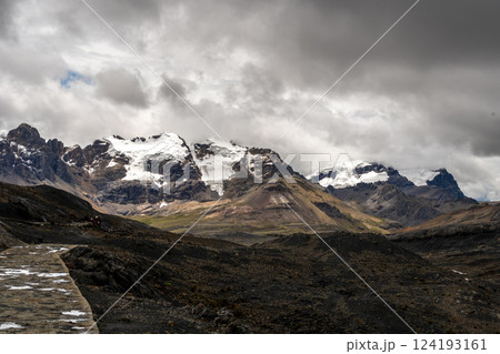 Stone trail leading to Pastoruri Glacier, Huaraz, Peru, amidst rugged mountains 124193161