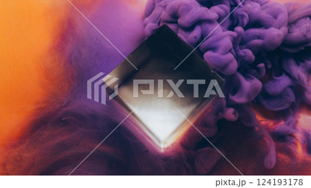 Magic steam. Paint haze. Geometric glass diamond violet wave flow orange color abstract background. Cloud stream fantasy blur dye. 124193178