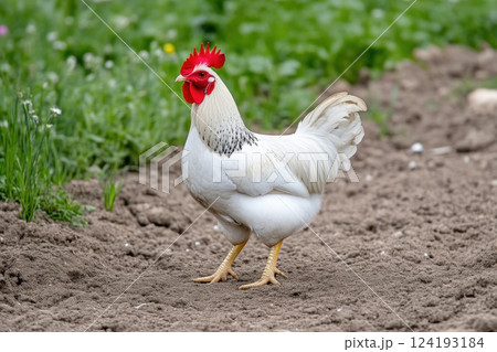 Farmyard rooster detailed view in nature 124193184