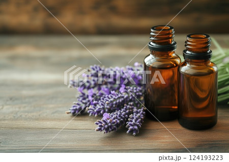 Lavender essence in glass bottles close-up 124193223