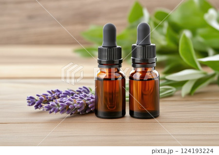 Essential oil bottles and lavender arrangement Essential oil bottles and lavender arrangement 124193224