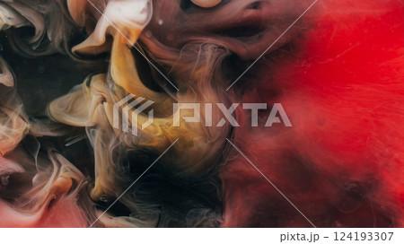 Pigment splash. Fume paint explosion. Black vapor stream swirl mix shape on red background. Blur color haze abstract dye drop wave spill. Pigment splash. Fume paint explosion. Black vapor stream swirl mix shape on red background. Blur color haze abstract dye drop wave spill. 124193307