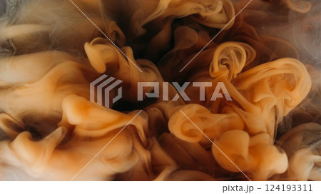 Haze flow. Fume blend. Brown swirl smoke ink drop explosion in water. Mystic liquid cloud blow splash abstract defocused background. Haze flow. Fume blend. Brown swirl smoke ink drop explosion in water. Mystic liquid cloud blow splash abstract defocused background. 124193311