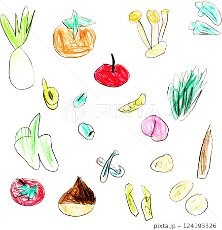 子供が描いたいろいろな野菜のイラストセット 子供が描いたいろいろな野菜のイラストセット 124193326