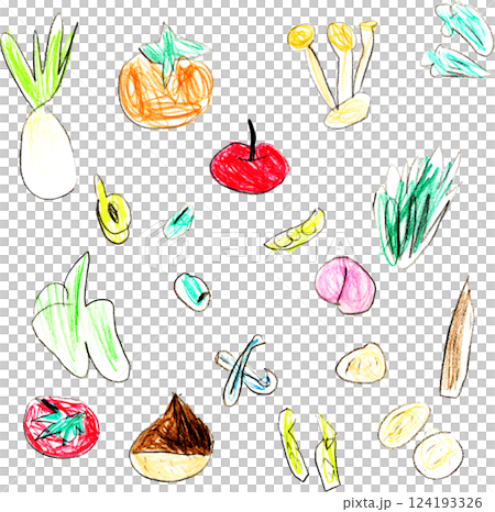 子供が描いたいろいろな野菜のイラストセット 子供が描いたいろいろな野菜のイラストセット 124193326