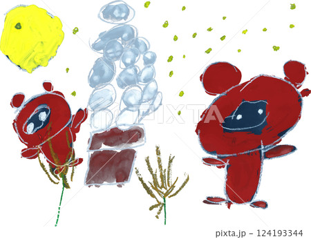 子供が描いたタヌキの月見絵の具画 124193344