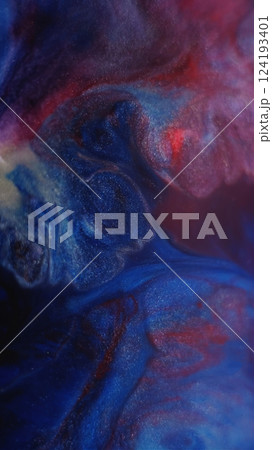 Paint emulsion. Acrylic wave. Defocused blue crimson purple colorful chemical ripple in glitter water mix flowing on abstract art background. 124193401