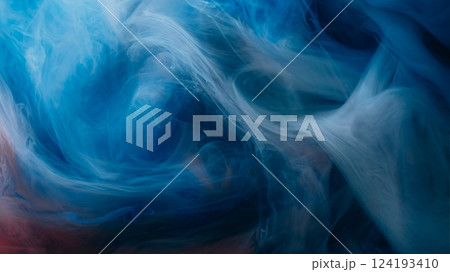 Ink steam. Smoke twirl. White blue whirl curl shape swirl fluid flow. Art color liquid cloud dye blend defocused abstract background. 124193410