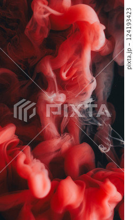 Paint drop water. Smoke blow. Color red ink wave twist blend art cloud. Abstract fog emulsion dye curl explosion pigment blur black background. 124193423