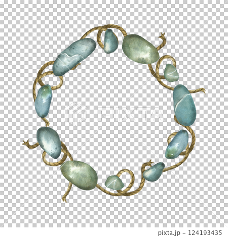 Round frame of pebbles and sea stones, twine, wreath of grey and blue pebbles. All objects are hand-painted with watercolors on a white background. Suitable for printing on fabric, paper, invitations. Round frame of pebbles and sea stones, twine, wreath of grey and blue pebbles. All objects are hand-painted with watercolors on a white background. Suitable for printing on fabric, paper, invitations. 124193435