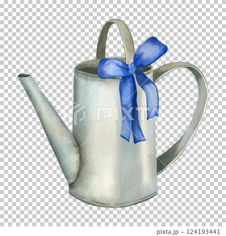 Vintage metal watering can with a blue bow for watering flowers and plants. Everything is hand-painted with watercolors. The spring composition is suitable for printing on postcards and invitations. Vintage metal watering can with a blue bow for watering flowers and plants. Everything is hand-painted with watercolors. The spring composition is suitable for printing on postcards and invitations. 124193441