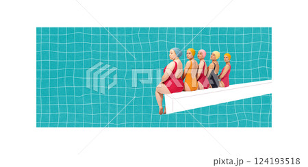 Five women in vintage swimsuits sitting on diving board over surreal blue water reflections. Contemporary art collage. Five women in vintage swimsuits sitting on diving board over surreal blue water reflections. Contemporary art collage. 124193518