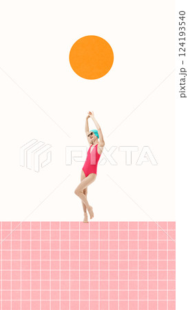 Woman in pink swimsuit and blue cap joyfully dancing on pink tiled surface under big orange sun. Contemporary art collage. 124193540