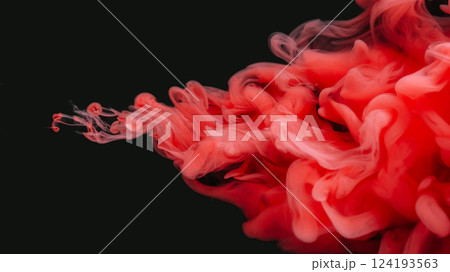 Fume explosion. Paint spread. Red haze puff stream curl splash spilling on black background. Defocused art abstract flow pigment shot. 124193563