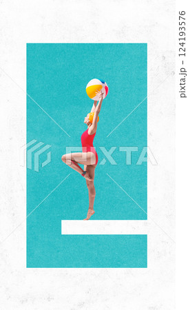 Woman in red swimsuit and yellow cap balancing gracefully with colorful beach ball against minimalistic background. Contemporary art collage. 124193576