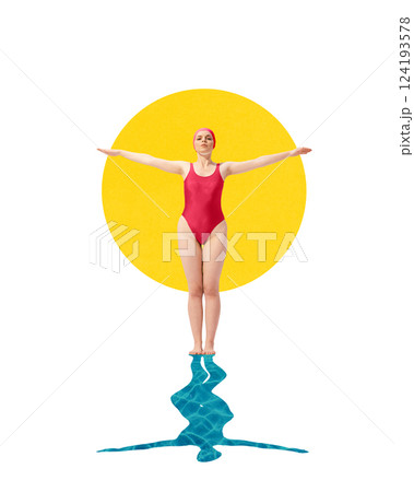 Woman in red swimsuit and cap balancing with arms wide in front of yellow sun with surreal water reflection. Contemporary art collage 124193578