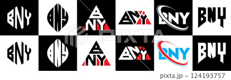 BNY letter logo design in six style. BNY polygon, circle, triangle, hexagon, flat and simple style with black and white color variation letter logo set in one artboard. BNY minimalist and classic logo BNY letter logo design in six style. BNY polygon, circle, triangle, hexagon, flat and simple style with black and white color variation letter logo set in one artboard. BNY minimalist and classic logo 124193757