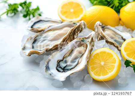 Fresh seafood oysters on marble with ice and lemon Fresh seafood oysters on marble with ice and lemon 124193767