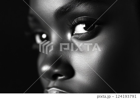 Beautiful black woman with deep brown eyes close-up Beautiful black woman with deep brown eyes close-up 124193791
