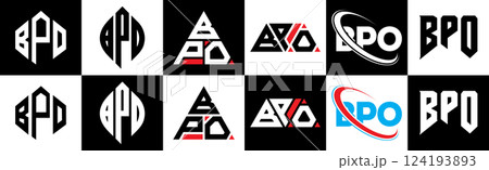 BPO letter logo design in six style. BPO polygon, circle, triangle, hexagon, flat and simple style with black and white color variation letter logo set in one artboard. BPO minimalist and classic logo 124193893