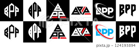 BPP letter logo design in six style. BPP polygon, circle, triangle, hexagon, flat and simple style with black and white color variation letter logo set in one artboard. BPP minimalist and classic logo 124193894