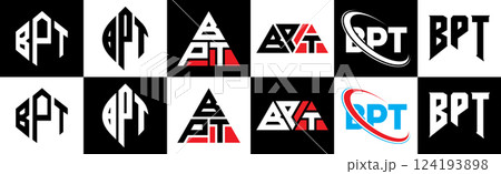 BPT letter logo design in six style. BPT polygon, circle, triangle, hexagon, flat and simple style with black and white color variation letter logo set in one artboard. BPT minimalist and classic logo BPT letter logo design in six style. BPT polygon, circle, triangle, hexagon, flat and simple style with black and white color variation letter logo set in one artboard. BPT minimalist and classic logo 124193898