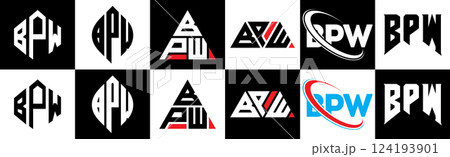 BPW letter logo design in six style. BPW polygon, circle, triangle, hexagon, flat and simple style with black and white color variation letter logo set in one artboard. BPW minimalist and classic logo BPW letter logo design in six style. BPW polygon, circle, triangle, hexagon, flat and simple style with black and white color variation letter logo set in one artboard. BPW minimalist and classic logo 124193901