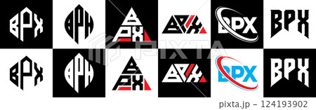 BPX letter logo design in six style. BPX polygon, circle, triangle, hexagon, flat and simple style with black and white color variation letter logo set in one artboard. BPX minimalist and classic logo 124193902