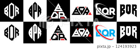BQR letter logo design in six style. BQR polygon, circle, triangle, hexagon, flat and simple style with black and white color variation letter logo set in one artboard. BQR minimalist and classic logo 124193923