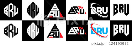 BRU letter logo design in six style. BRU polygon, circle, triangle, hexagon, flat and simple style with black and white color variation letter logo set in one artboard. BRU minimalist and classic logo BRU letter logo design in six style. BRU polygon, circle, triangle, hexagon, flat and simple style with black and white color variation letter logo set in one artboard. BRU minimalist and classic logo 124193952