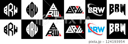 BRW letter logo design in six style. BRW polygon, circle, triangle, hexagon, flat and simple style with black and white color variation letter logo set in one artboard. BRW minimalist and classic logo 124193954
