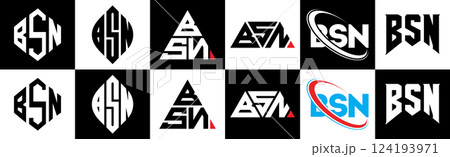 BSN letter logo design in six style. BSN polygon, circle, triangle, hexagon, flat and simple style with black and white color variation letter logo set in one artboard. BSN minimalist and classic logo BSN letter logo design in six style. BSN polygon, circle, triangle, hexagon, flat and simple style with black and white color variation letter logo set in one artboard. BSN minimalist and classic logo 124193971