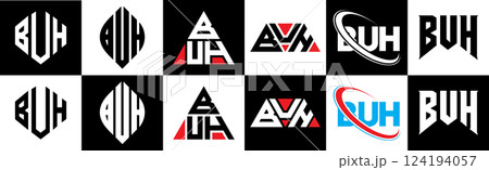 BUH letter logo design in six style. BUH polygon, circle, triangle, hexagon, flat and simple style with black and white color variation letter logo set in one artboard. BUH minimalist and classic logo 124194057