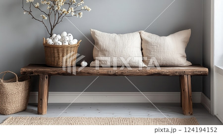 Beautifully Styled Scandinavian Easter Entryway with Rustic Wood Bench Floral Decor and Natural 124194152