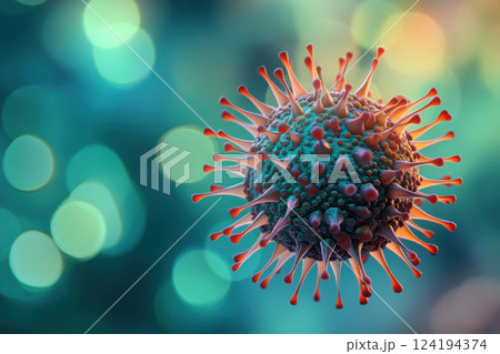 Close up of a bird flu virus particle attacking a cell, detailed scientific illustration, vibrant colors. generative ai 124194374