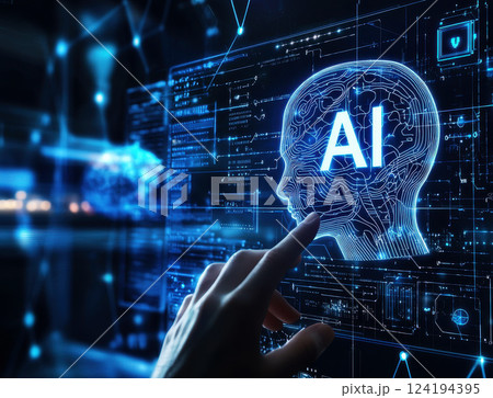 Businessman touching a digital hologram of an human head AI symbol icon with the text AI on a virtual screen. 124194395