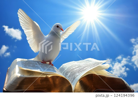 White dove bird fly with a holy bible over wooden cross in sunlight. Generative AI. 124194396