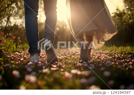 Loving couple walking in field. feet close up on walking on a flower landscape. 124194397