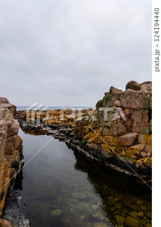 Coast line of sea. Stones covered with yellow and green moss and cloudy sky. 124194440