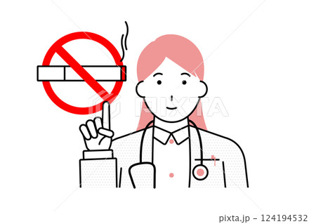 禁煙マークを指差しする女性の医師のイラスト 124194532