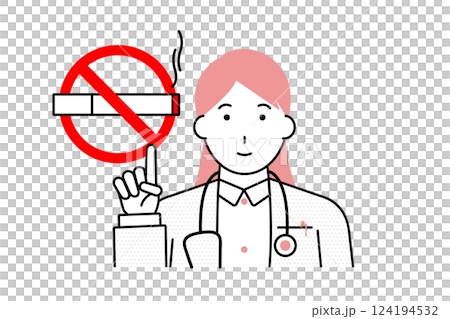 Illustration of a female doctor pointing at a no smoking sign Illustration of a female doctor pointing at a no smoking sign 124194532