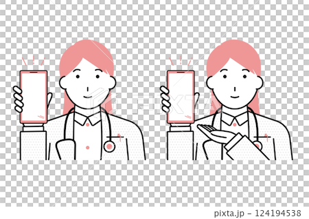 一位女醫生展示智慧型手機螢幕的插圖 124194538