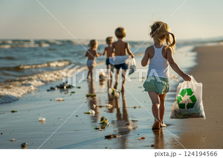 children run with holding a recycling trach bag filled with various recyclable items on beach ..Environment Day concept. Generative AI 124194566