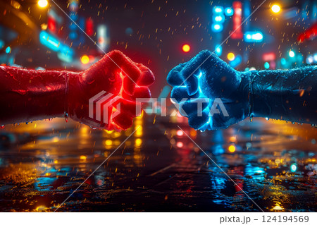 red and blue neon light .Two male hands in boxing. business market race concept , Generative AI red and blue neon light .Two male hands in boxing. business market race concept , Generative AI 124194569