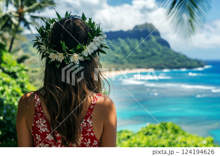 Back view woman Hawaii beach girl with crown . Generate AI.. 124194626