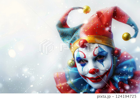 a funny wacky colorful clown on background. April fool's day. AI generated. 124194725